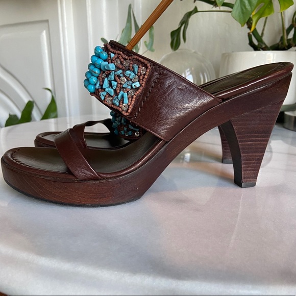 Stuart Weitzman Shoes - STUART WEITZMAN • Turquoise Adorned Wooden Platform Strappy Sandal Heels 9.5